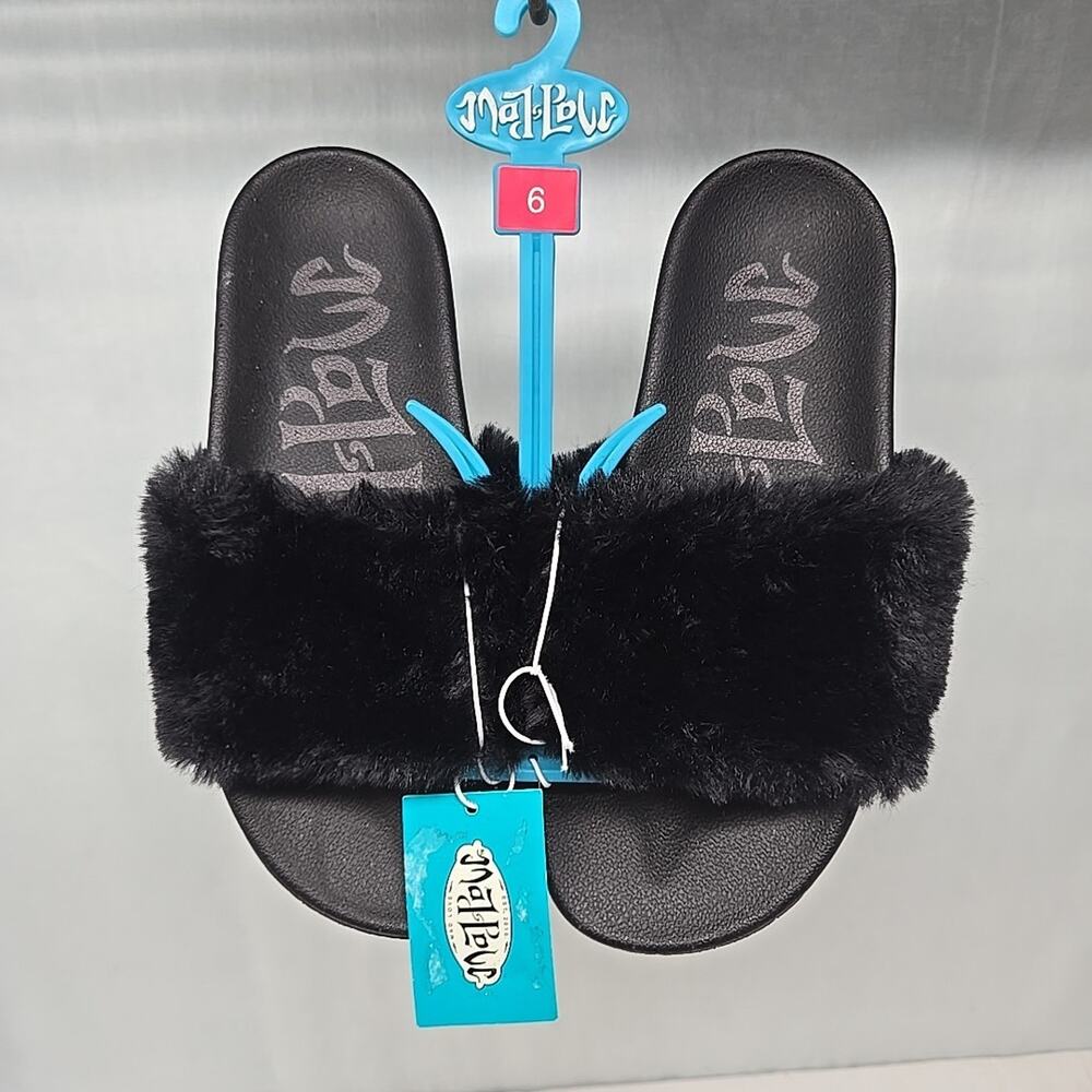 Mad Love Women's Phoebe Black Faux Fur Slide Slip-On Sandal size 6